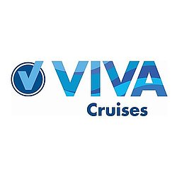 Logo von VIVA Cruises mit blauem Schriftzug und rundem Symbol auf weißem Hintergrund.