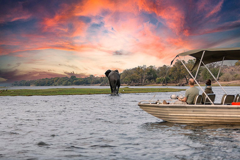 Boot auf ruhigem Wasser bei Sonnenuntergang mit Elefant im Hintergrund.