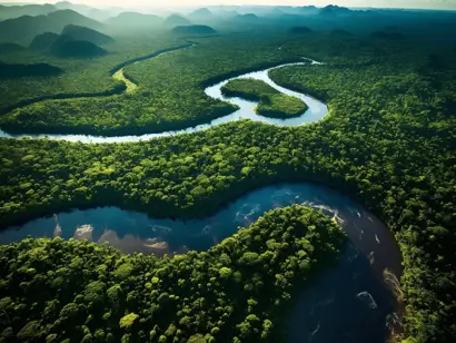 Fluss im dichten Regenwald mit grüner Natur und weitem Blick über den Amazonas.