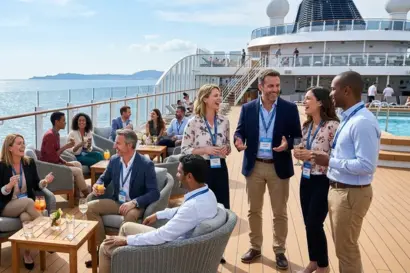 Gruppenbild auf Kreuzfahrtschiff mit unterhaltenden Personen. Links sitzend, rechts stehend.