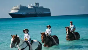ReiterInnen auf Pferden im türkisblauen Wasser vor Kreuzfahrtschiff und weitem Horizont.