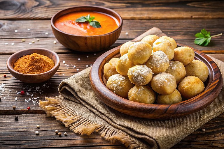 Kanaren-Kulinarik: Papas Arrugadas mit Mojo-Sauce Teller mit traditionellen Kanarischen Papas Arrugadas, kleinen runzeligen Kartoffeln, dazu verschiedene Mojo-Dips in Schälchen