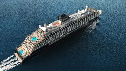 Luftaufnahme eines Kreuzfahrtschiffes mit Pooldeck im glitzernden, tiefblauen Meer.