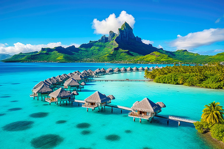 A peaceful and tranquil lagoon in Bora Bora, French Polynesia, w Tropische Lagune mit türkisblauem Wasser, kleinen Inseln und grünem Vulkanberg.