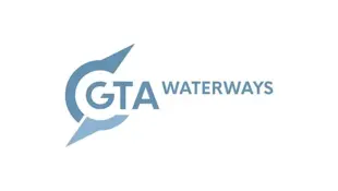 Logo von GTA Waterways mit blauem Schriftzug und Wellenmotiv auf weißem Hintergrund.