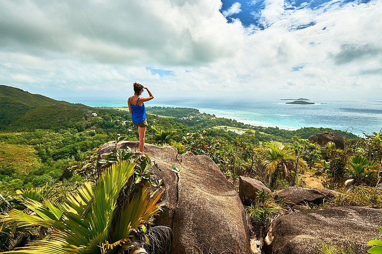 Person steht auf einem Felsen und blickt auf die grüne Landschaft und das Meer.
