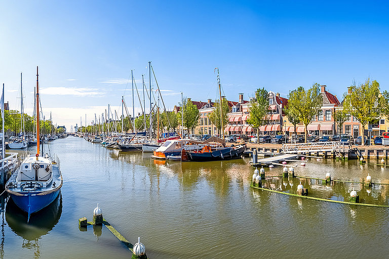 Hafen von Harlingen mit zahlreichen Booten, historischen Häusern und blauem Himmel.