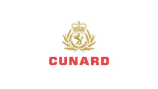 Logo von Cunard mit goldenem Wappen und rotem Schriftzug auf weißem Hintergrund.