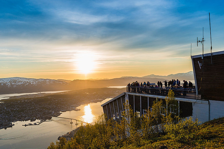 Sonnenuntergang über Bergen mit Fjordblick, Stadt und blühendem Vordergrund.