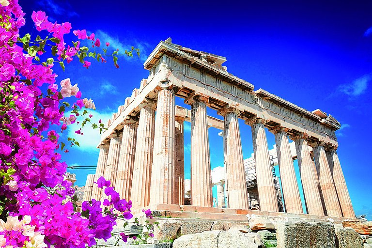 Parthenon temple, Athens Akropolis, Tempel Parthenon mit lila Blumen links davon