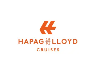 Ein oranges Banner mit dem Hapag-Lloyd-Logo und Branding-Elementen.