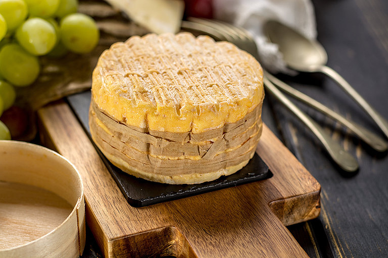 Tasting of oldest french AOC soft pudgent wrapped yellow cheese Runder Weichkäse auf Holzbrett mit Trauben und Besteck in rustikalem Ambiente.