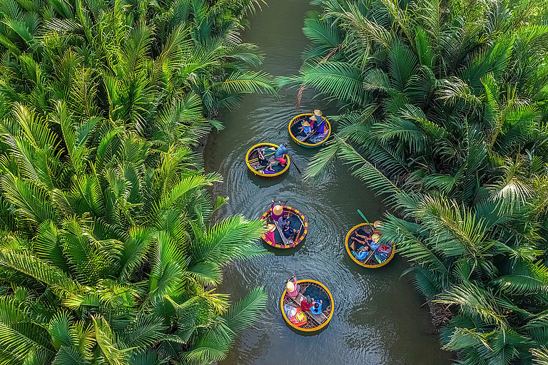 Bunte Boote fahren durch schmalen Fluss im dichten tropischen Mangrovenwald.