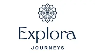 Logo von Explora Jouneys mit dunkelblauem Schriftzug und floralem Symbol auf Weiß.