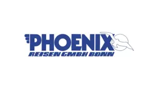 Logo von Phoenix Reisen mit blauem Schriftzug und Wellenmotiv auf weißem Hintergrund.