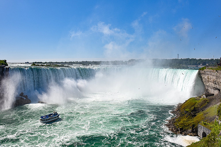 Panoramablick auf die Niagarafälle mit wolkenlosem blauem Himmel.