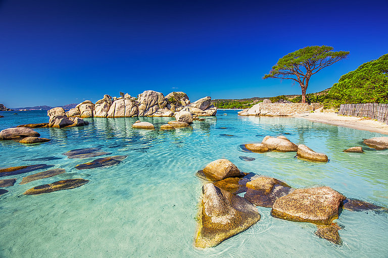 Türkisblaues Meer mit Felsen, Sandstrand, Pinie und Küstenort unter klarem Himmel.